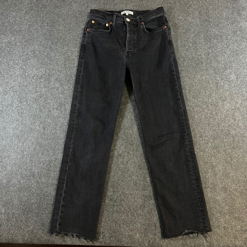 RE/DONE High Rise Straight Leg Jeans Faded Black Raw Hem Size 26